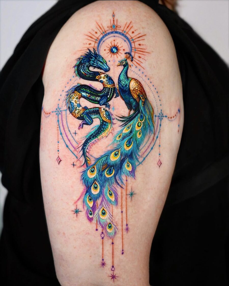Vibrant dragon and peacock tattoo masterpiece