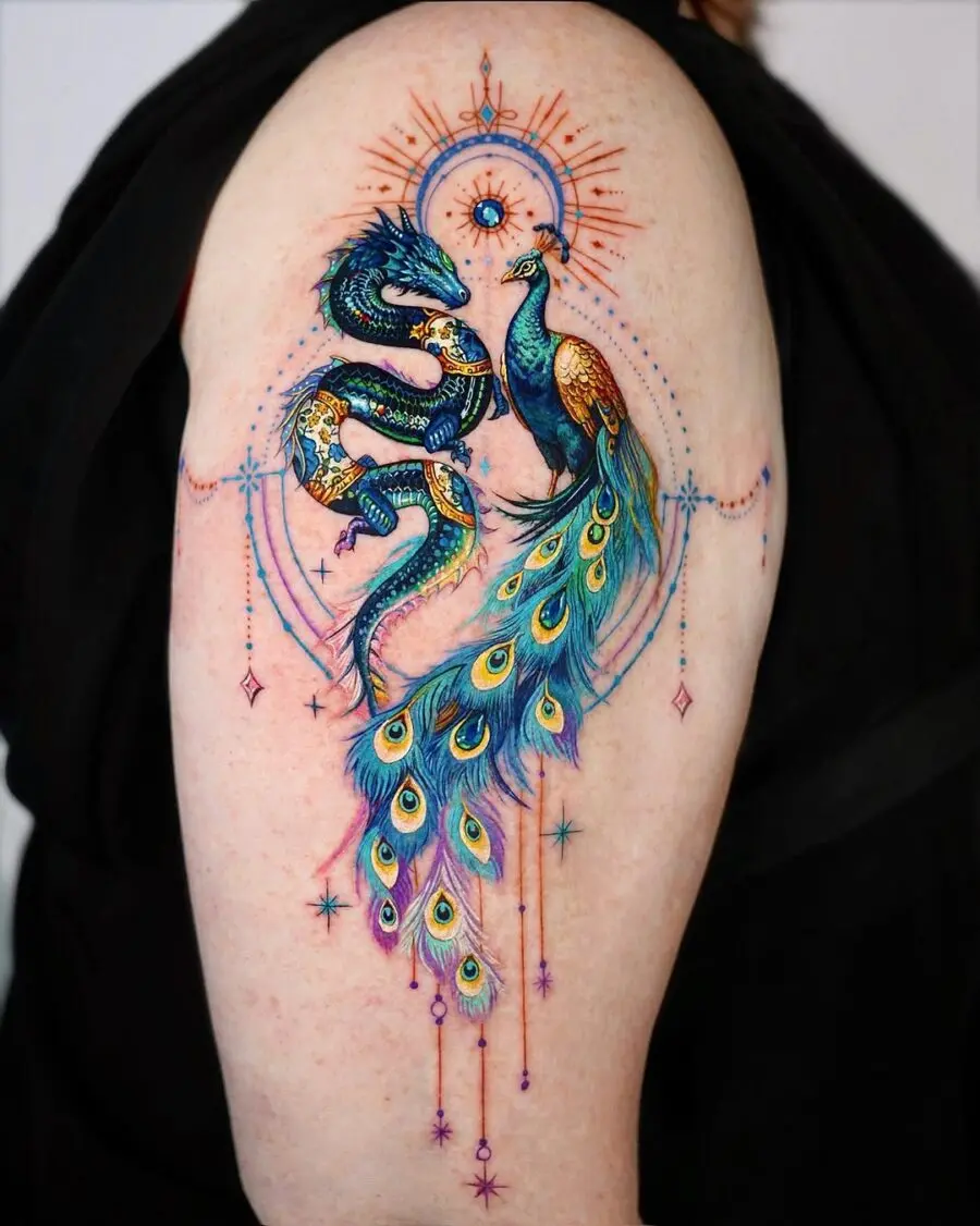 Vibrant dragon and peacock tattoo masterpiece