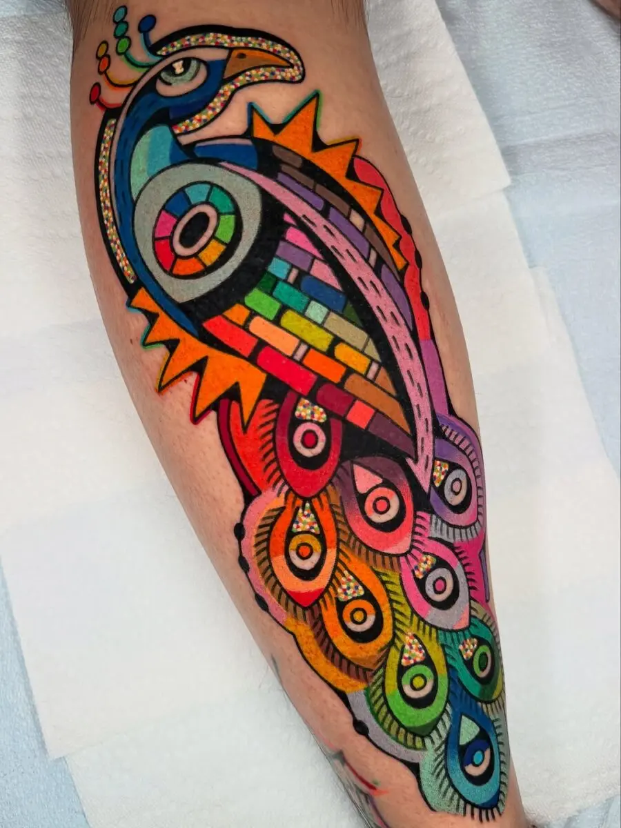 Colorful Peacock Tattoo with Bold Geometric Style
