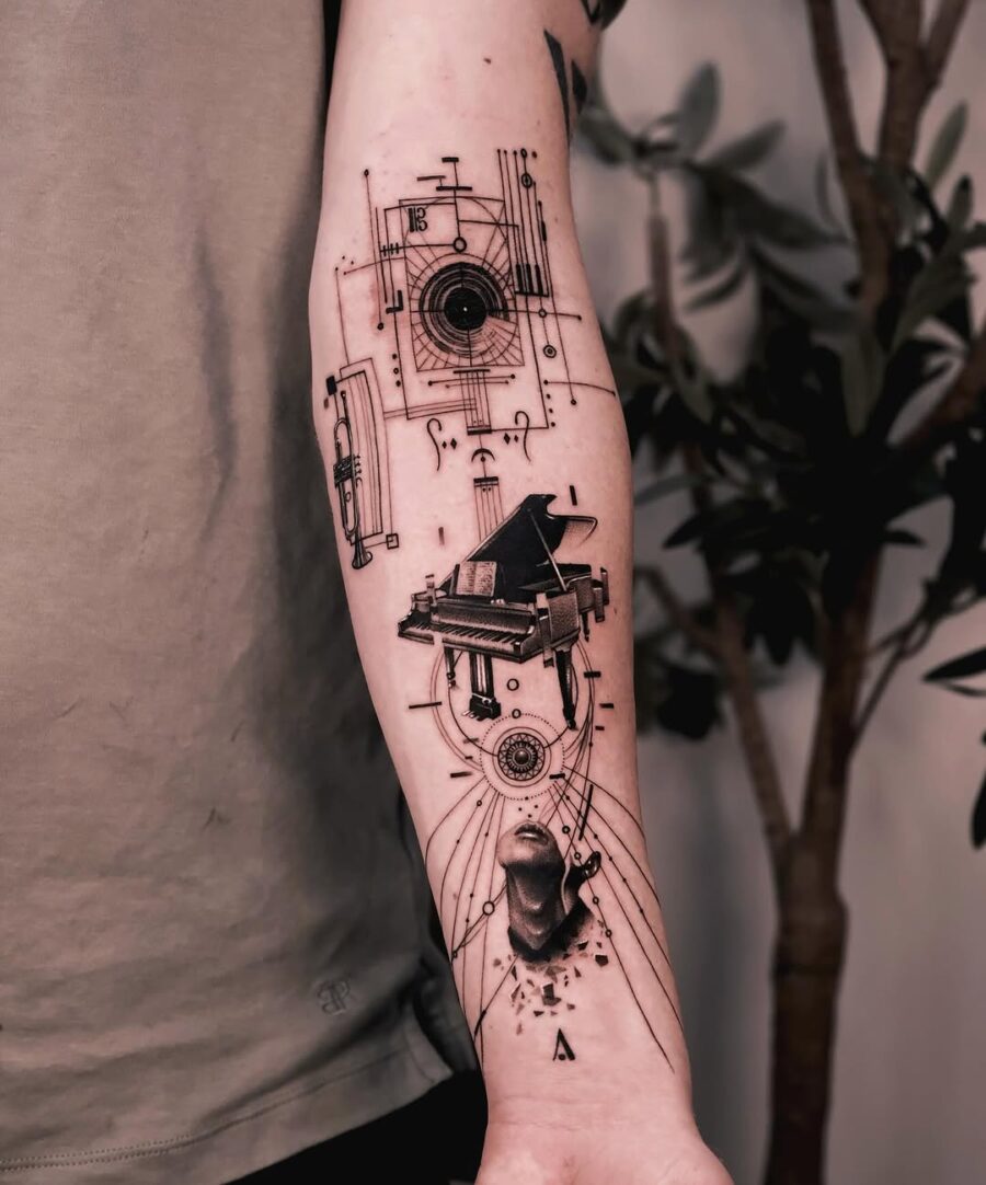 Intricate piano tattoo blending art and melody