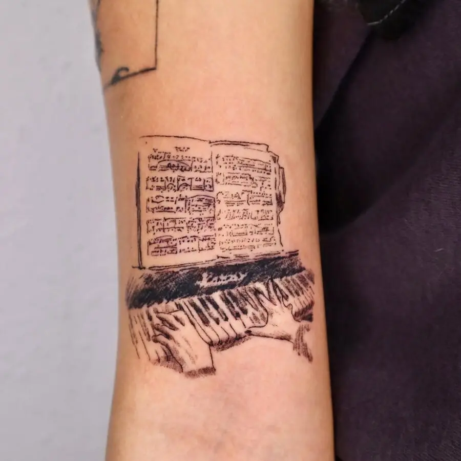 Detailed piano tattoo with sheet music illustration