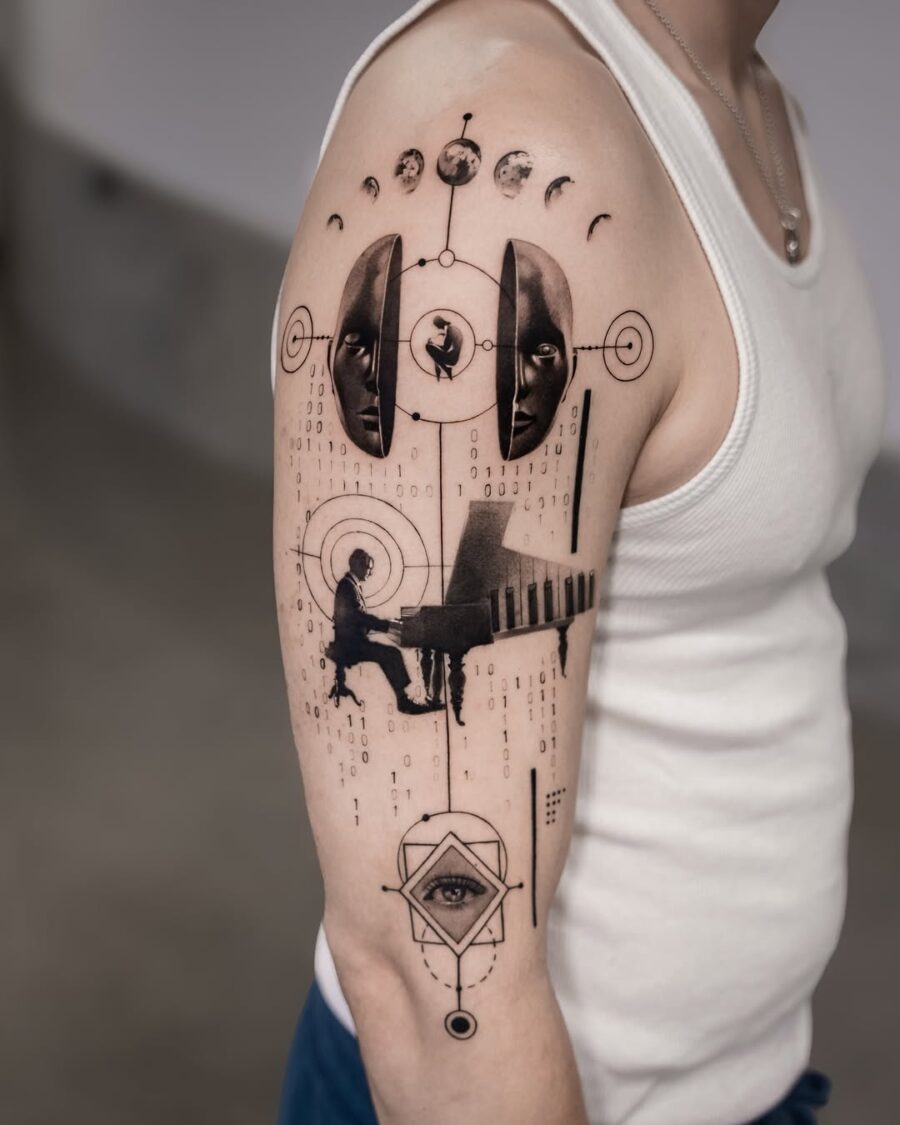 Futuristic piano tattoo with celestial elements