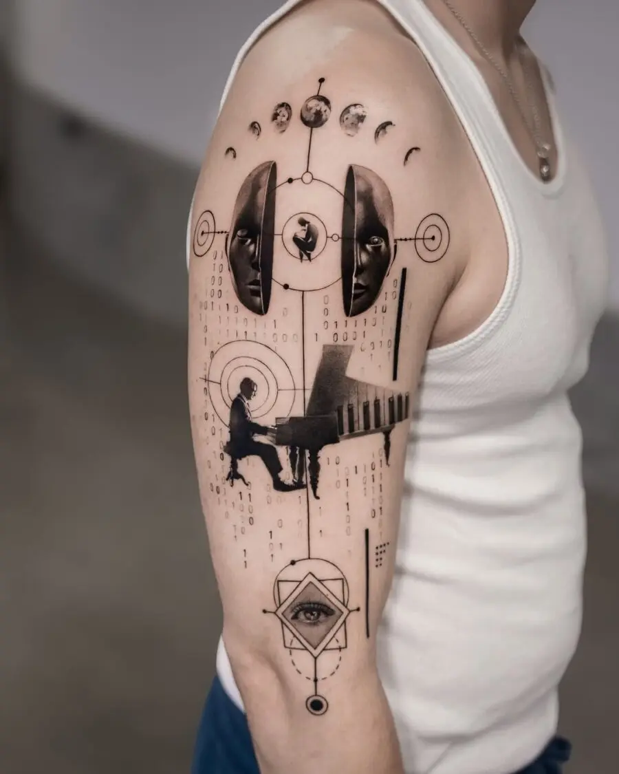 Futuristic piano tattoo with celestial elements