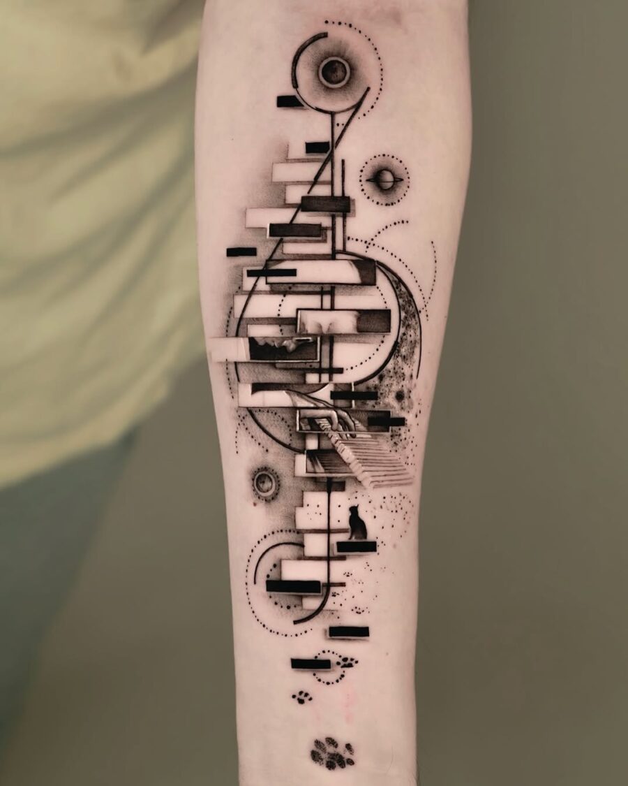 Stylish geometric piano tattoo on forearm