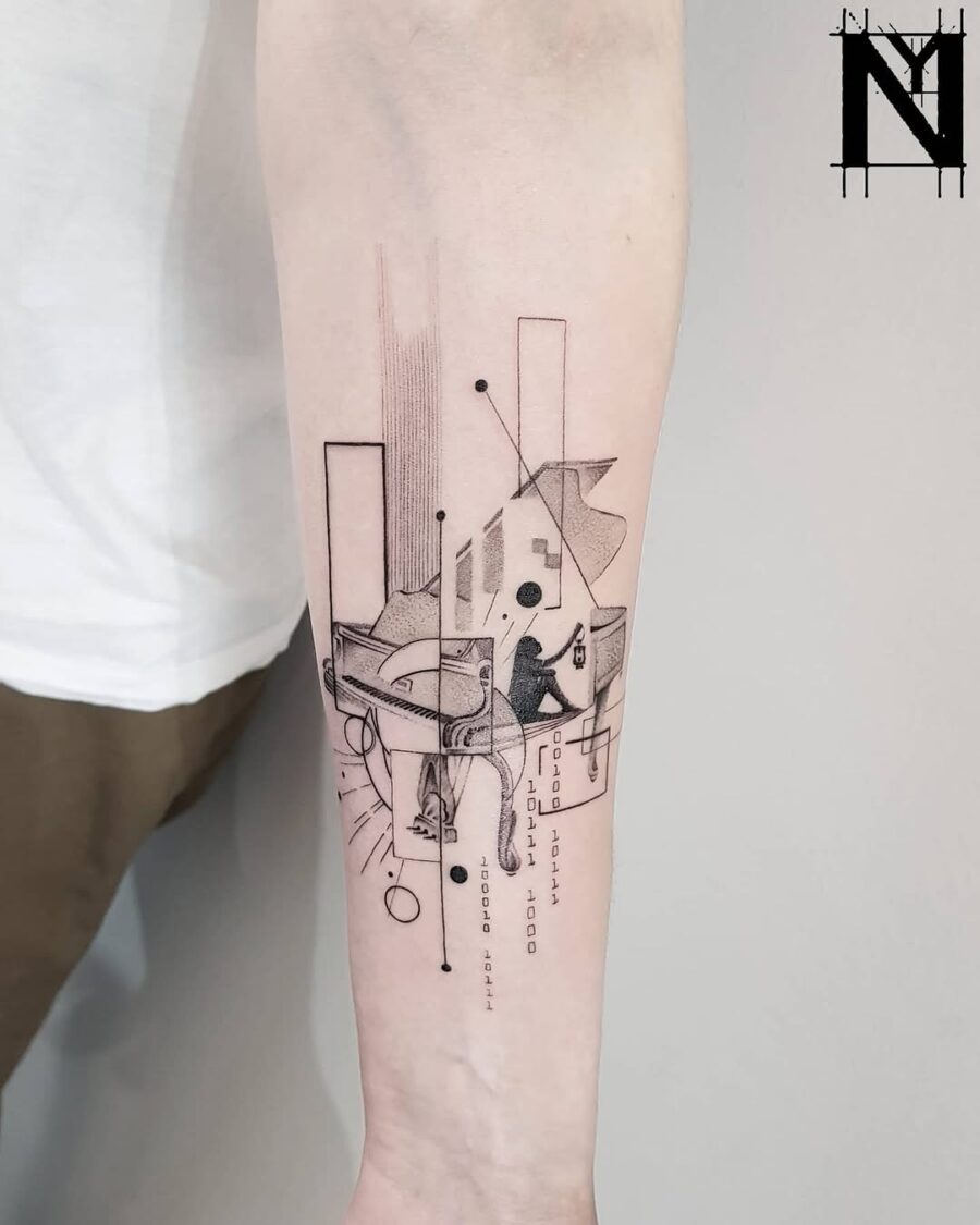 Sleek Modern Piano Tattoo with Abstract Design