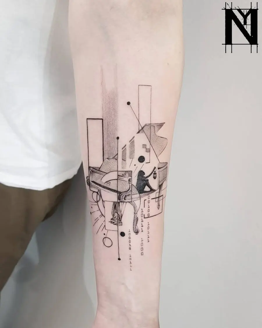 Sleek Modern Piano Tattoo with Abstract Design