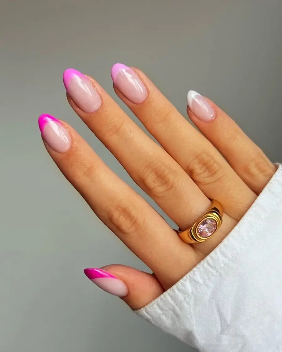 Stylish pink French tip nail design showcased