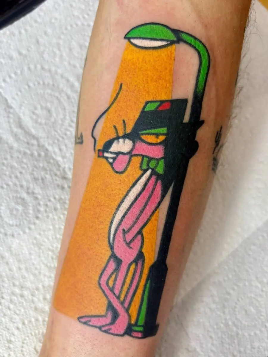 Playful Pink Panther Under Streetlight Tattoo