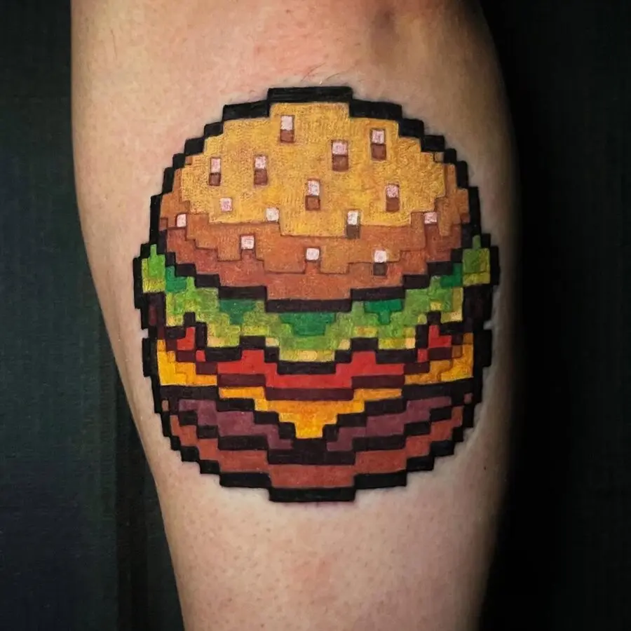 Vibrant pixel art burger tattoo design