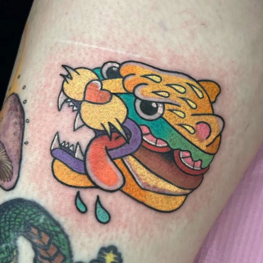 Vibrant burger-inspired tiger tattoo design