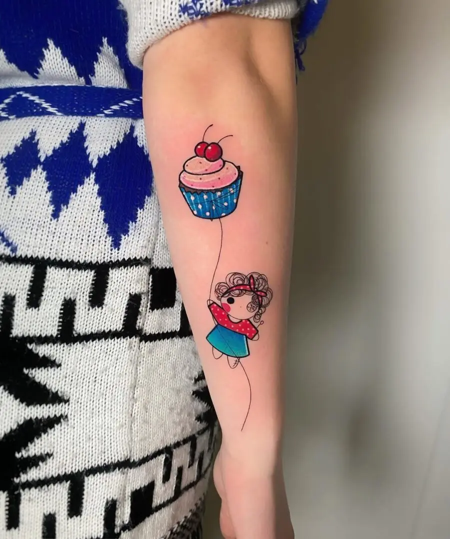 Cute cupcake tattoo with whimsical girl illustration