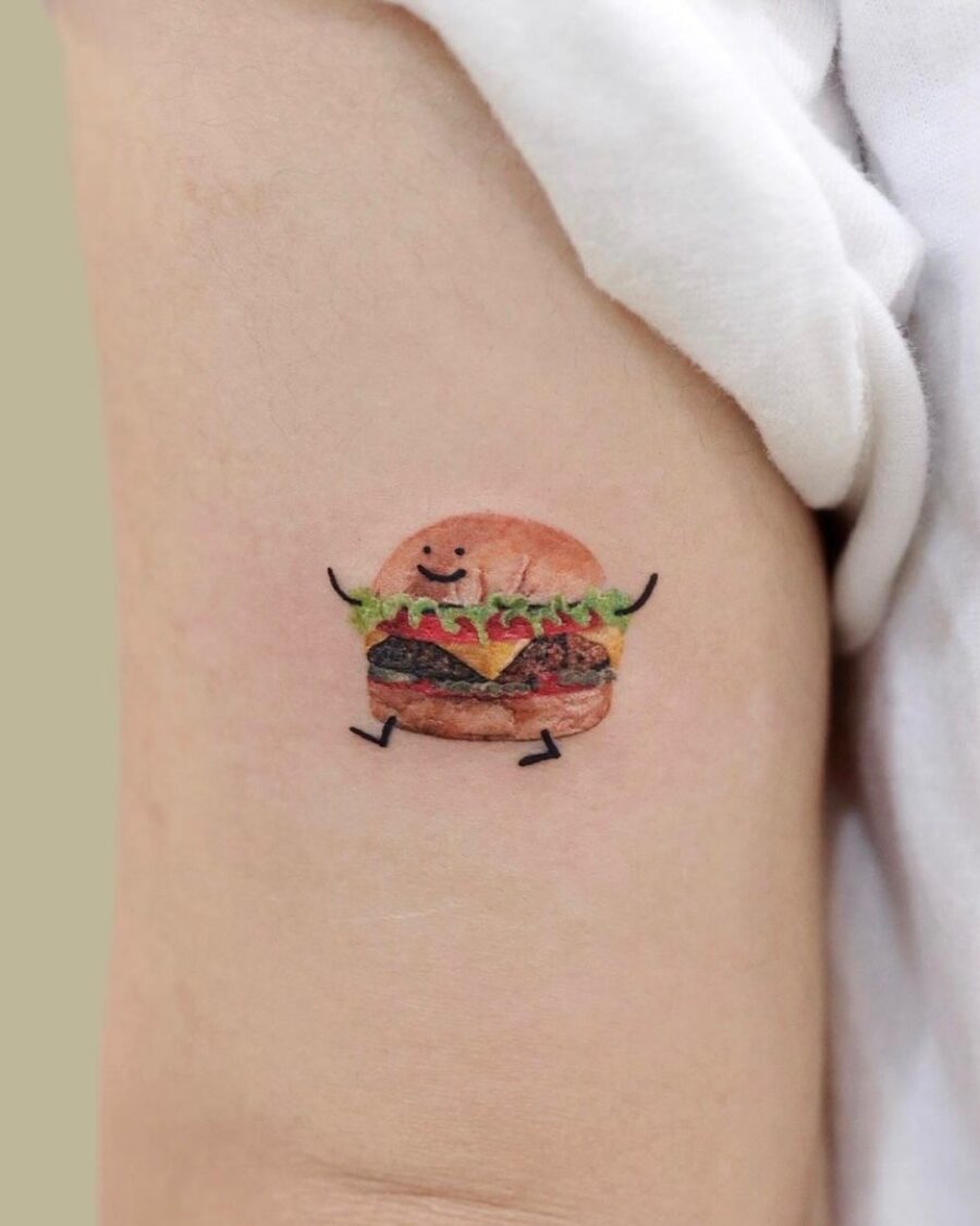 Cute, playful burger tattoo for food lovers