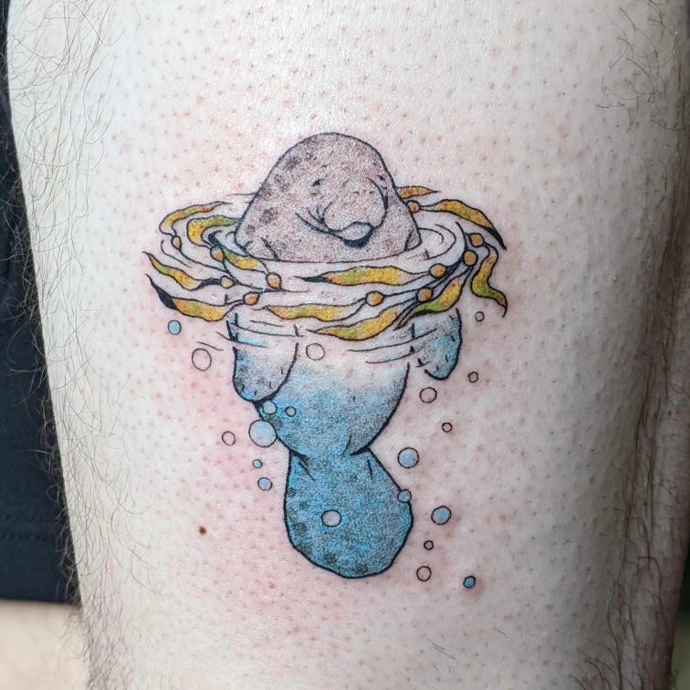 Charming manatee in vibrant aquatic swirls