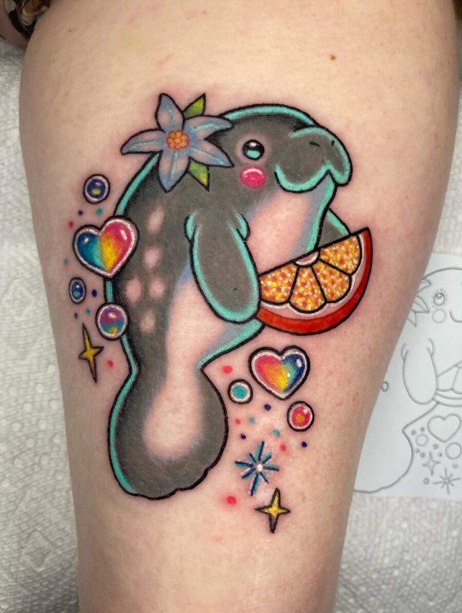 Whimsical manatee tattoo with vibrant colors