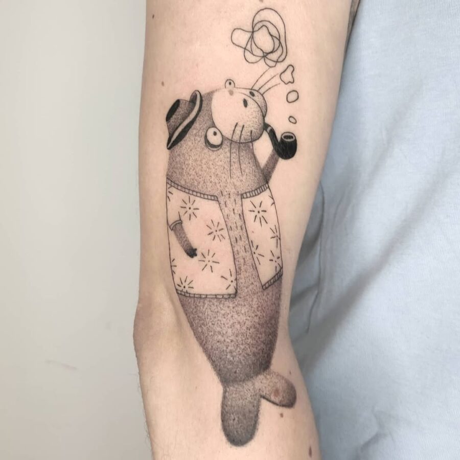 Whimsical manatee enjoying a peaceful smoke