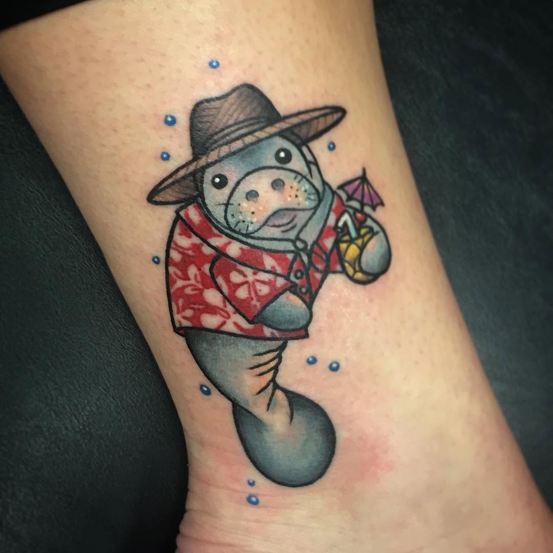 Whimsical manatee in vibrant beach attire