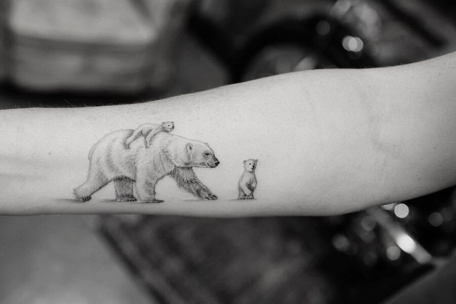 Adorable polar bear family tattoo in black and white