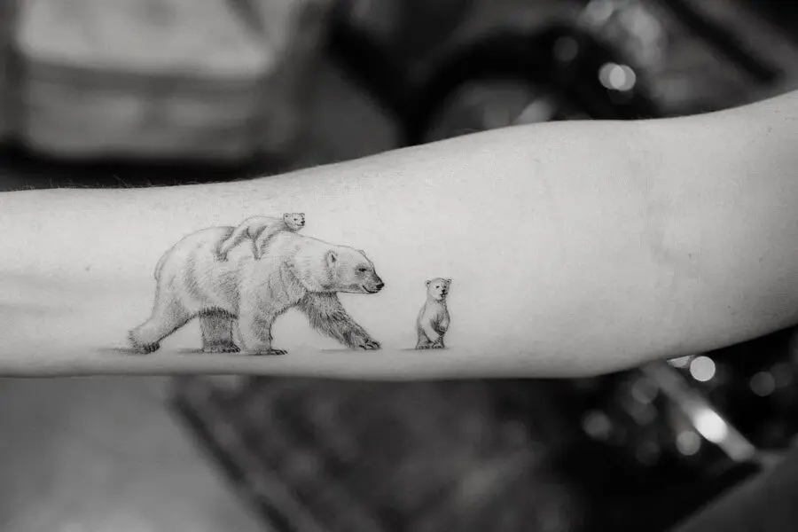 Adorable polar bear family tattoo in black and white