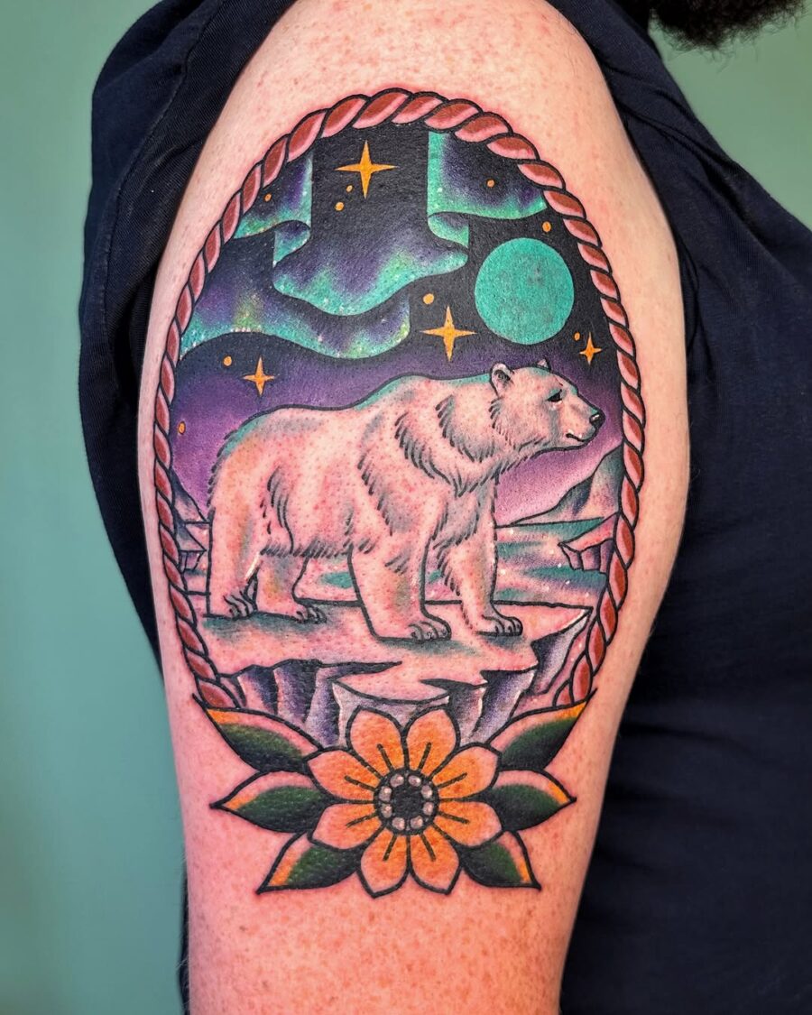 Stunning Polar Bear Tattoo with Northern Lights