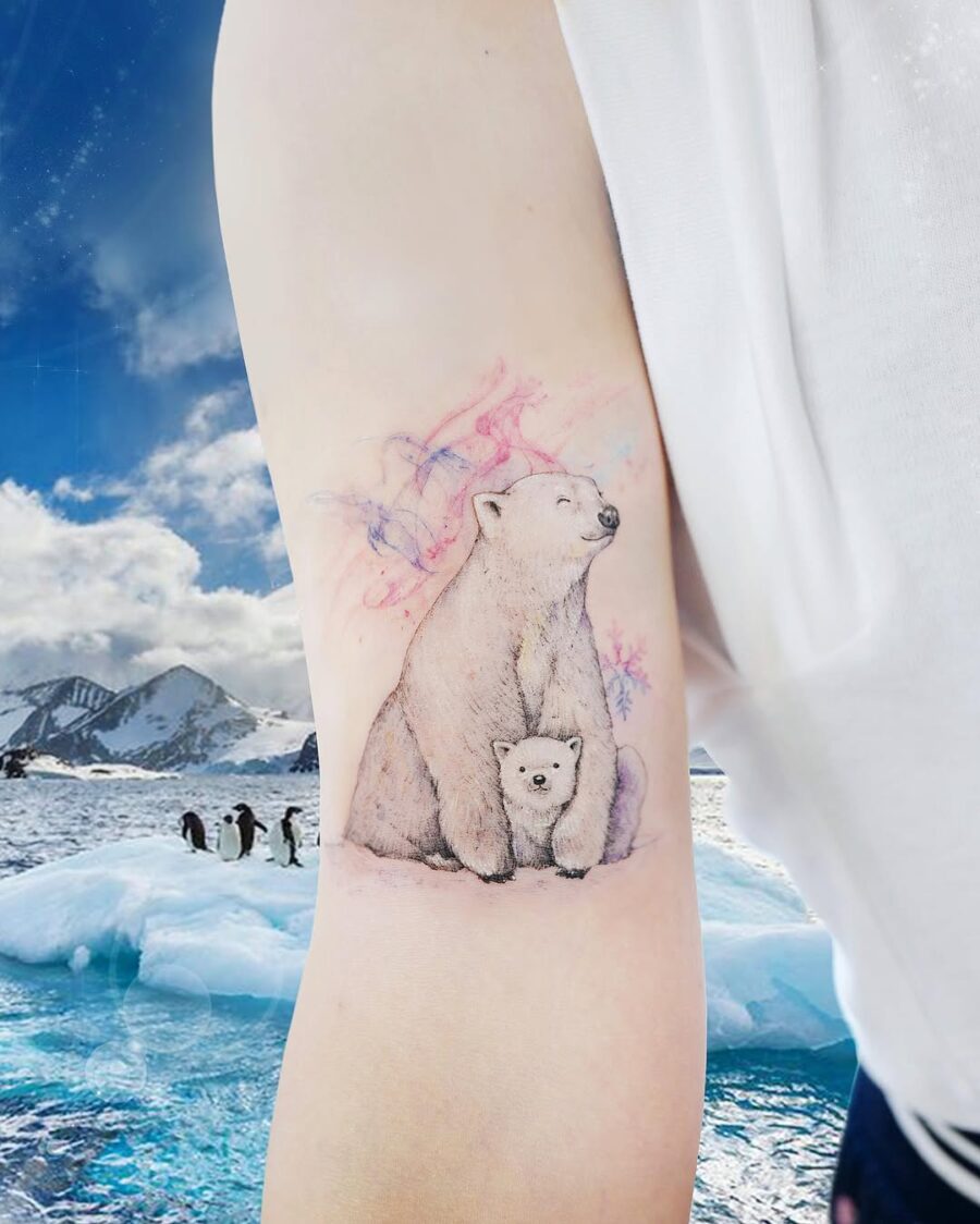 Sweet bond of polar bear and cub tattoo