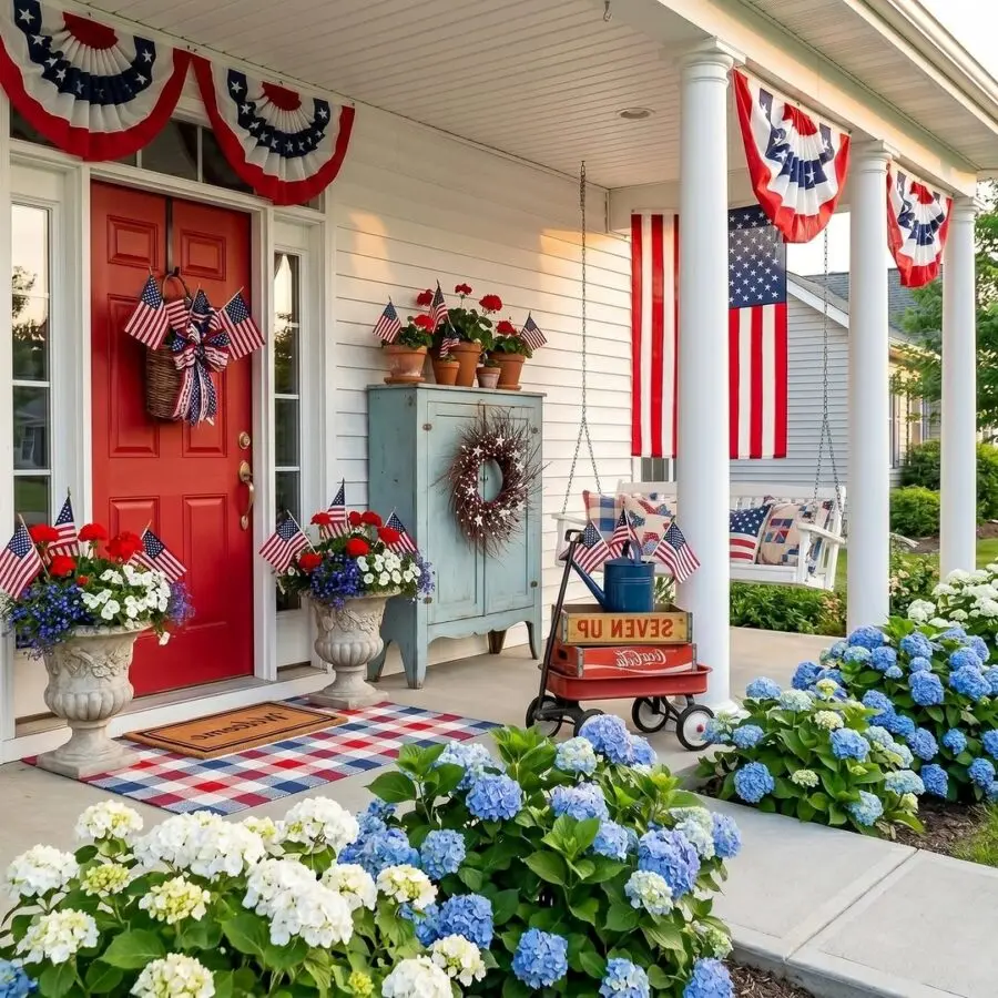 Charming patriotic porch with vibrant decor accents