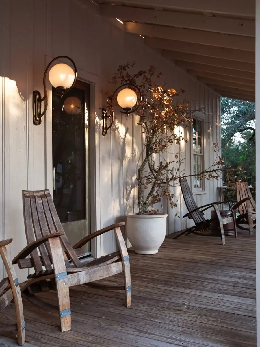 Charming outdoor seating illuminated by soft lighting