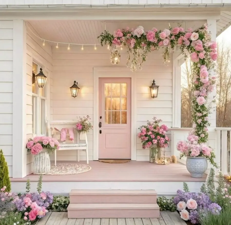Charming pink floral porch decor ideas