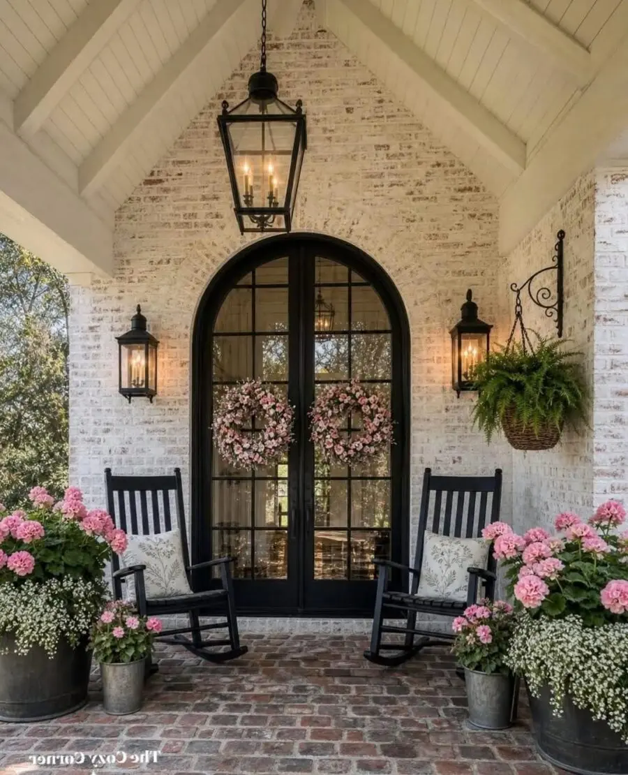 Charming porch with floral accents and seating