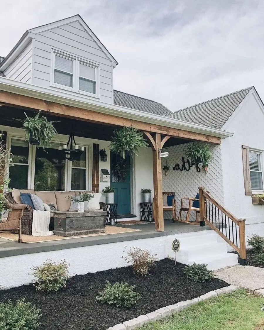 Charming front porch with rustic elements