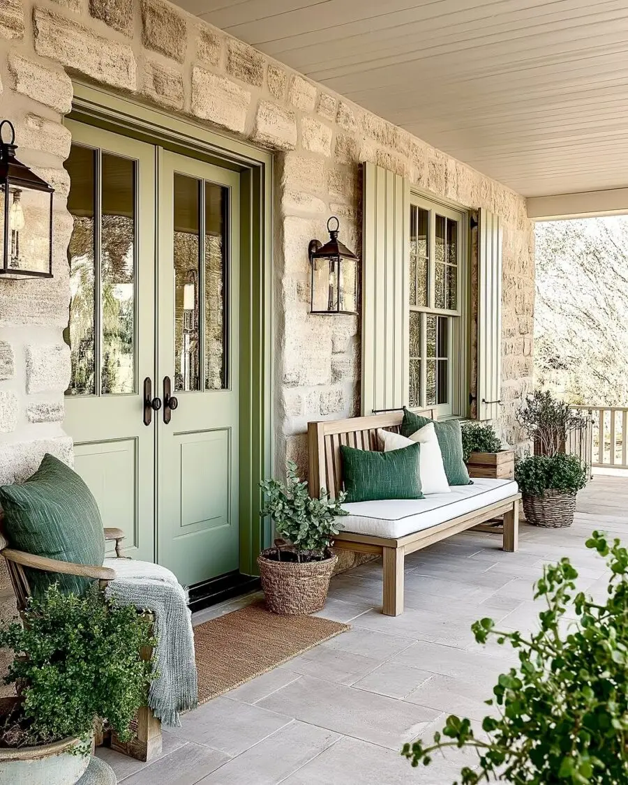 Charming porch with green accents and seating