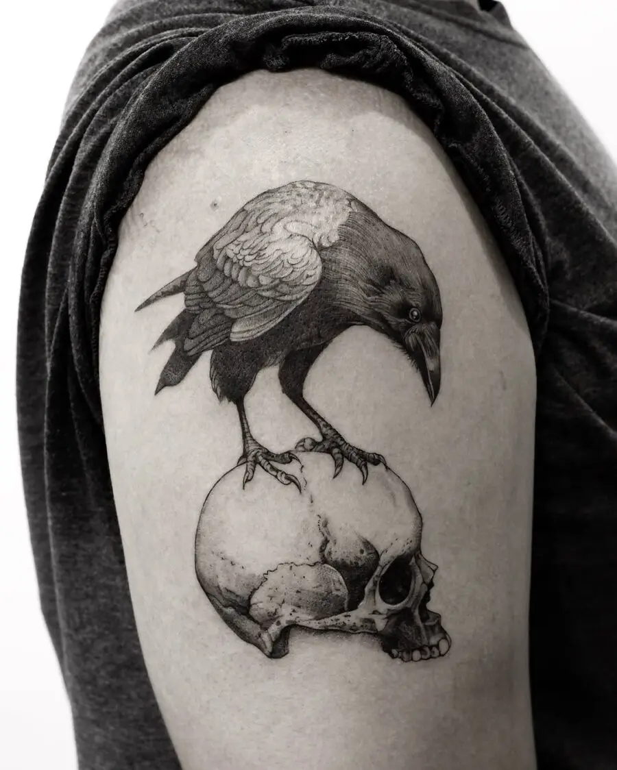 Striking Raven Tattoo on Skull Design