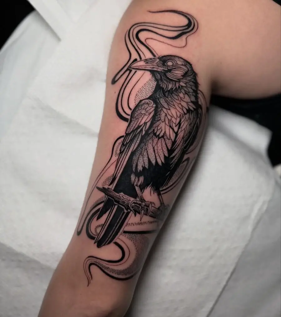 Elegant black raven tattoo with flowing elements.