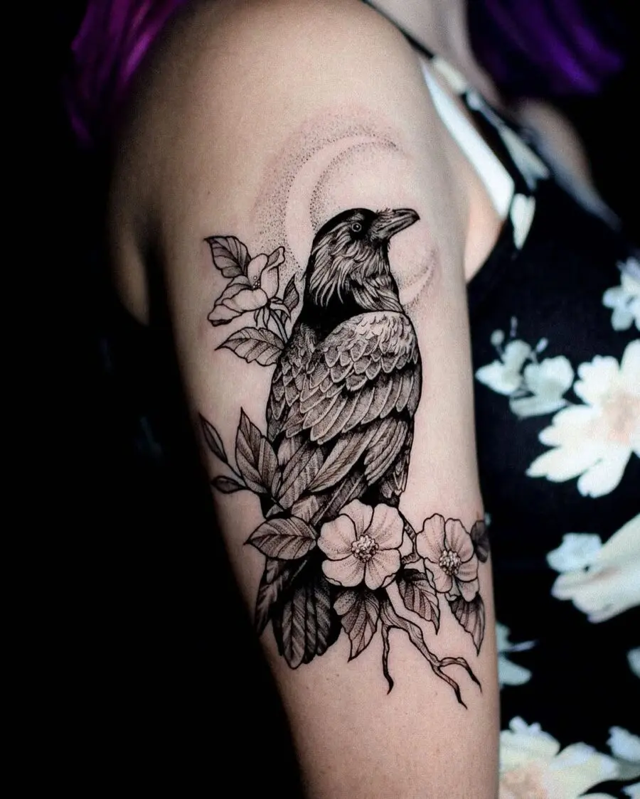 Stunning Raven Tattoo with Floral Elements