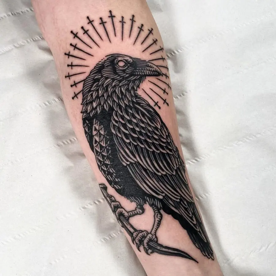 Raven Tattoo with Intricate Cross Designs