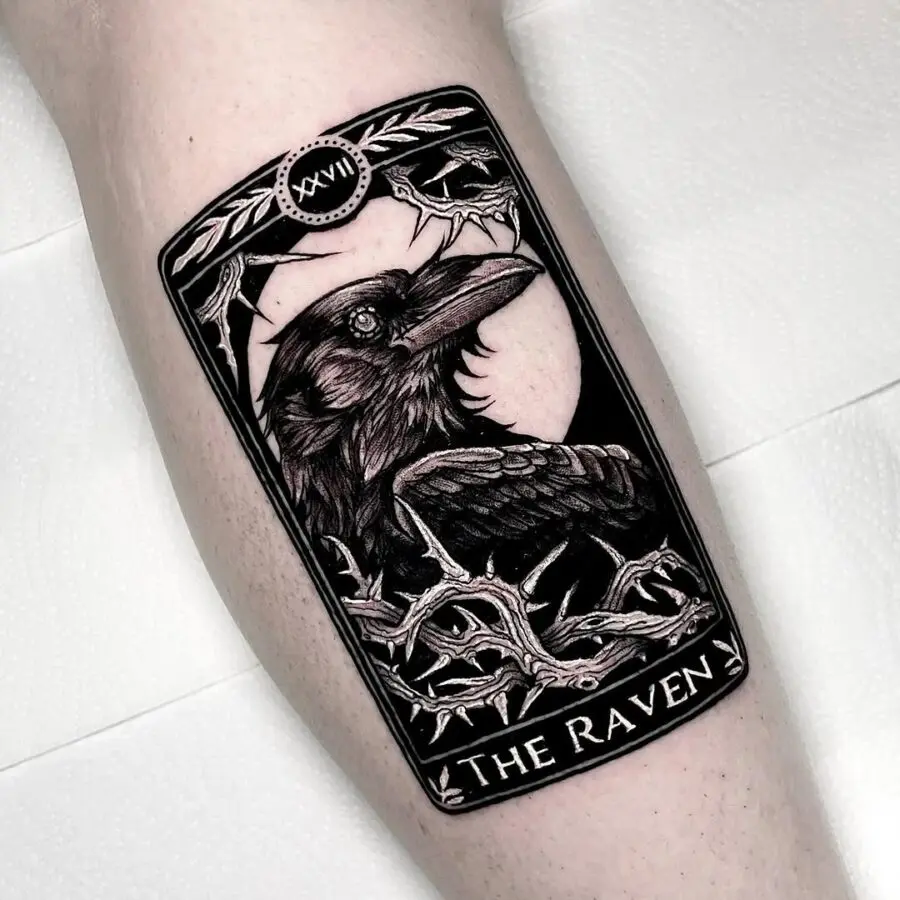 Intricately Designed Raven Tattoo in Black Ink