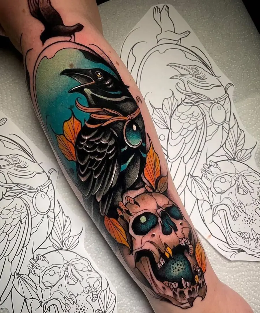 Striking raven tattoo with vibrant colors
