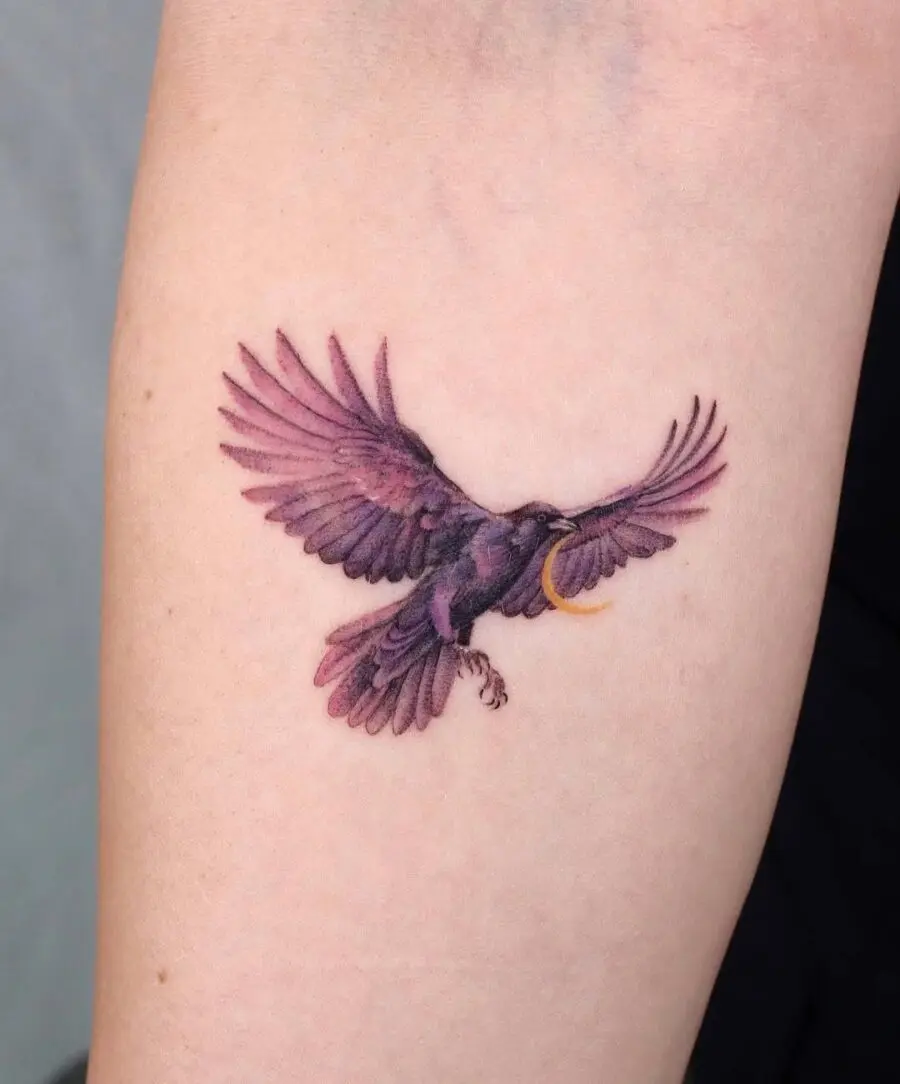 Ethereal raven tattoo with elegant flight details