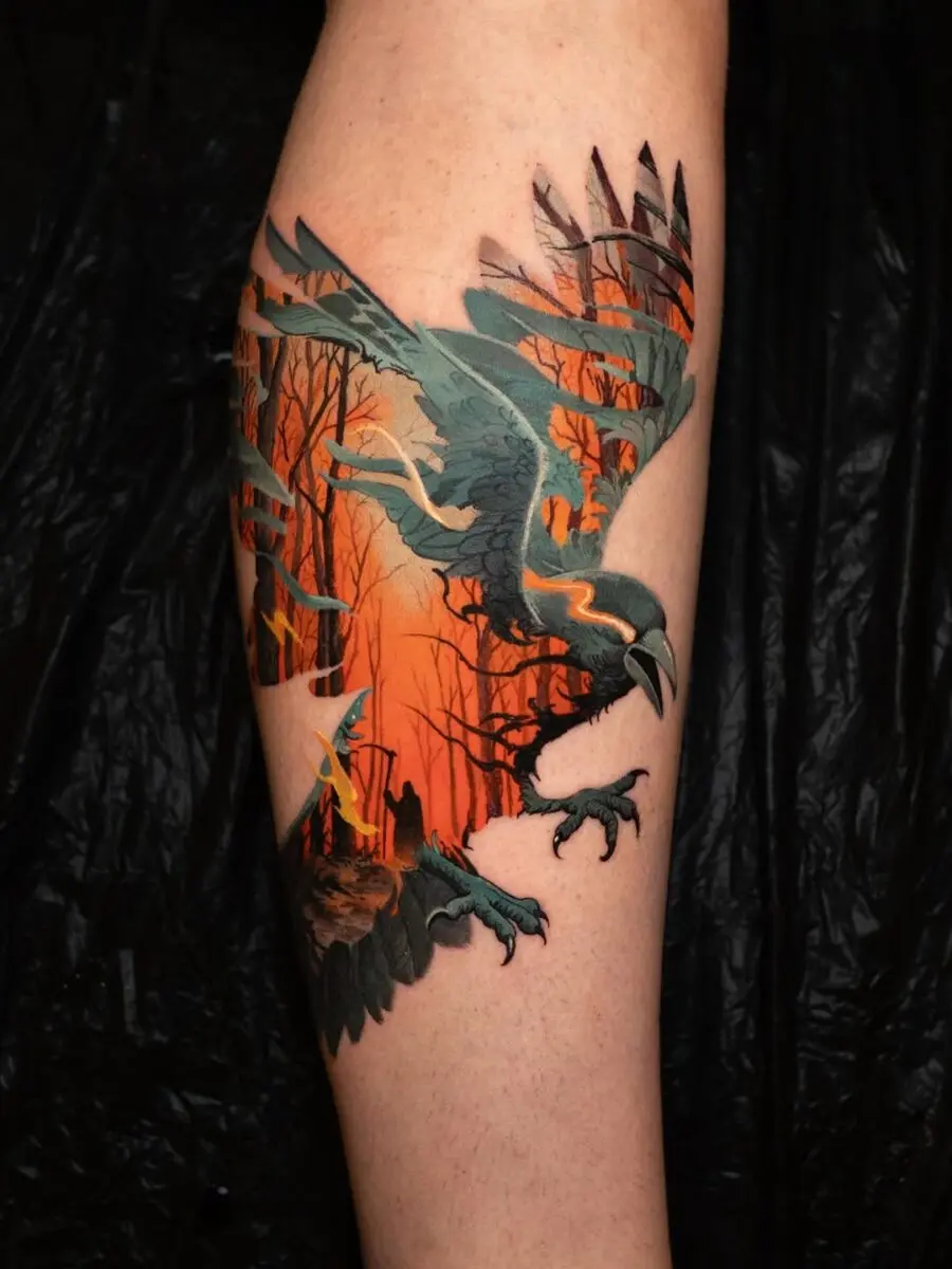 Striking raven tattoo with eerie forest backdrop