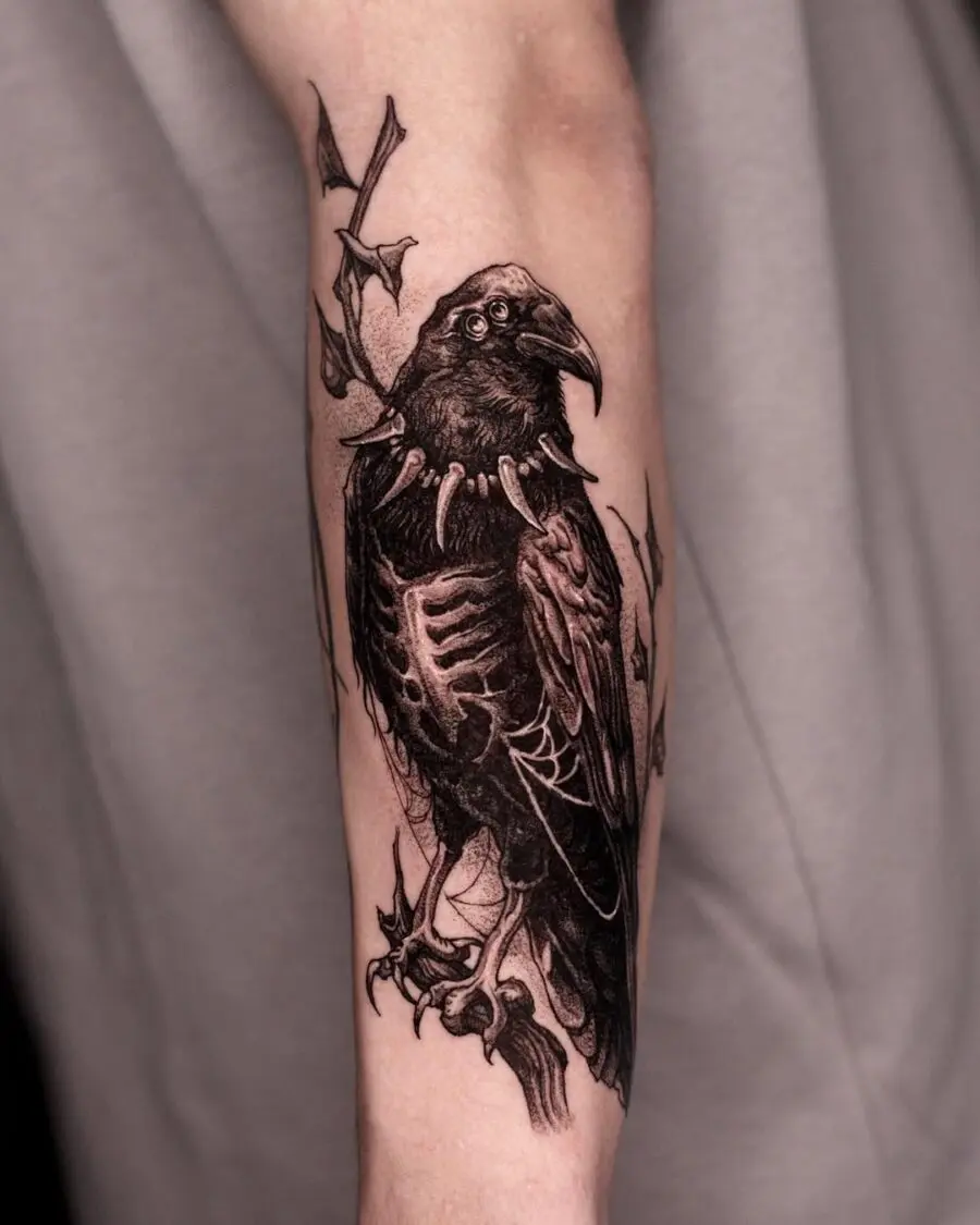 Intricate raven tattoo with skeletal elements