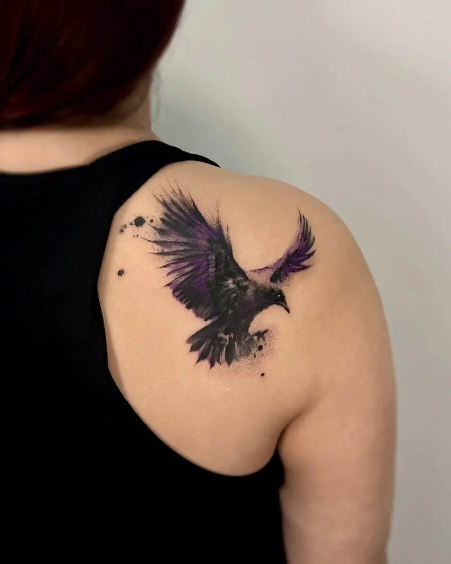 Stunning purple and black raven tattoo design