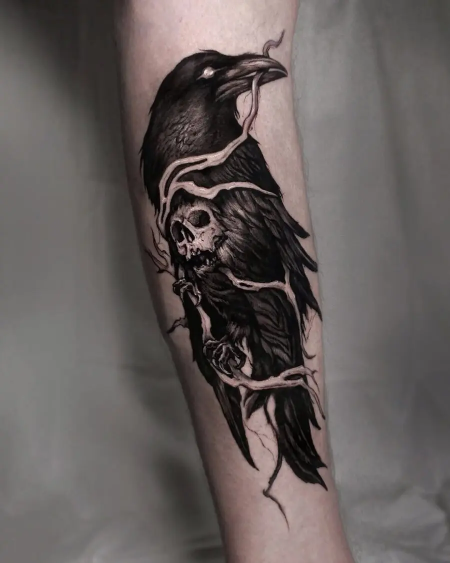 Detailed raven tattoo with dark thematic elements