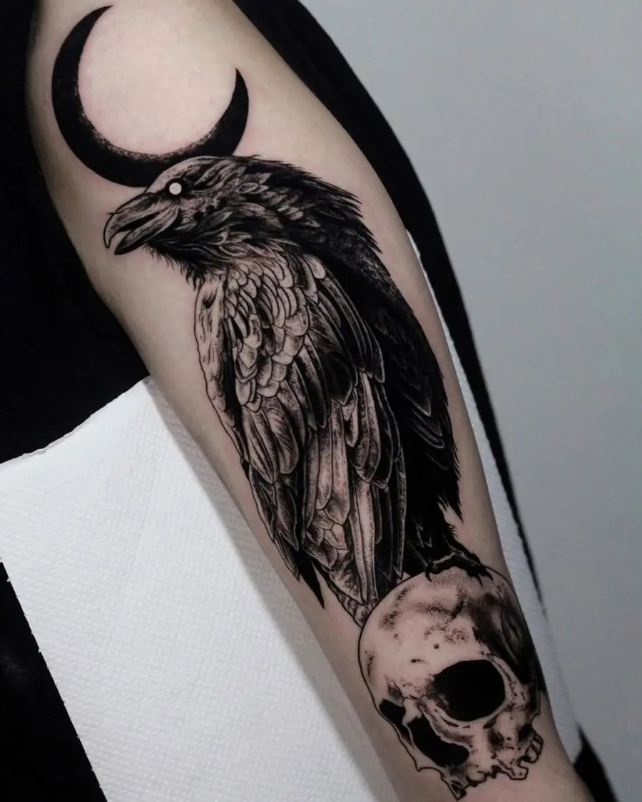 Mystical raven tattoo with moon and skull