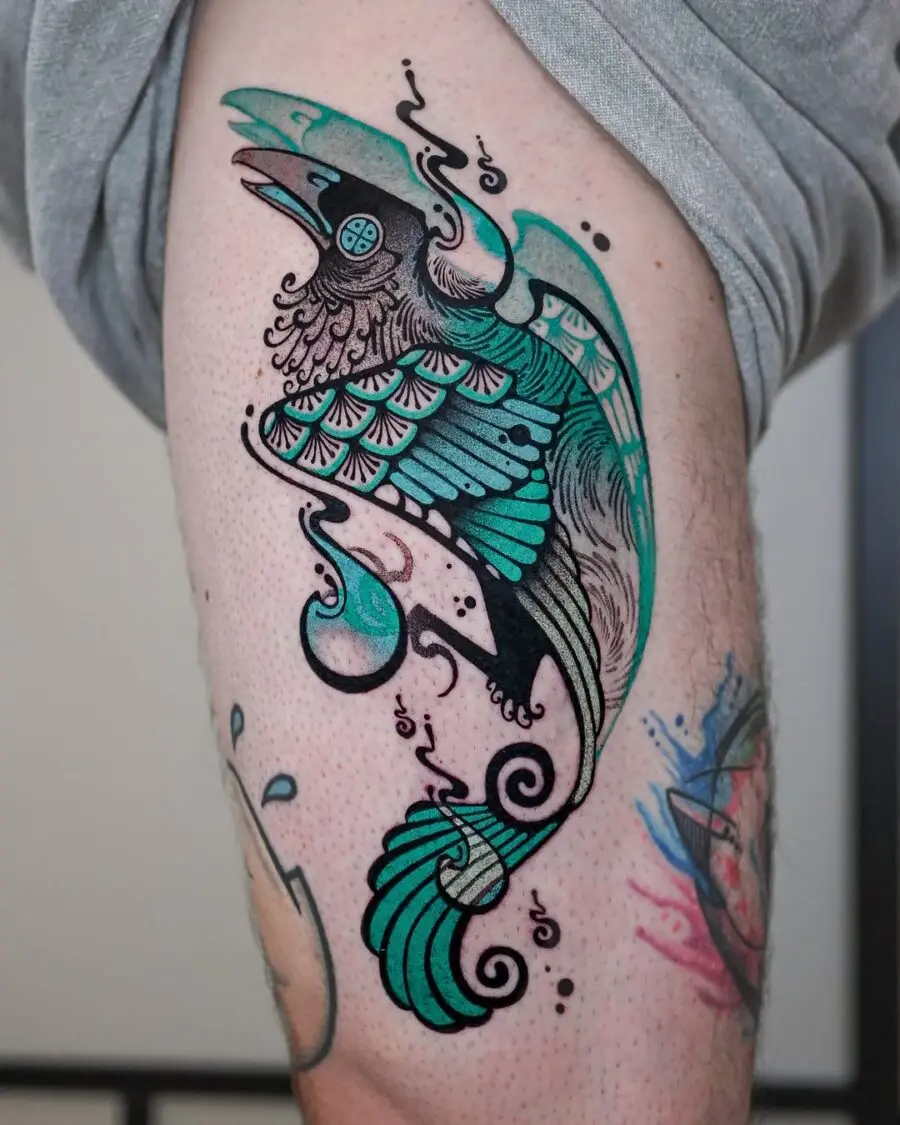 Elegant raven tattoo with intricate details