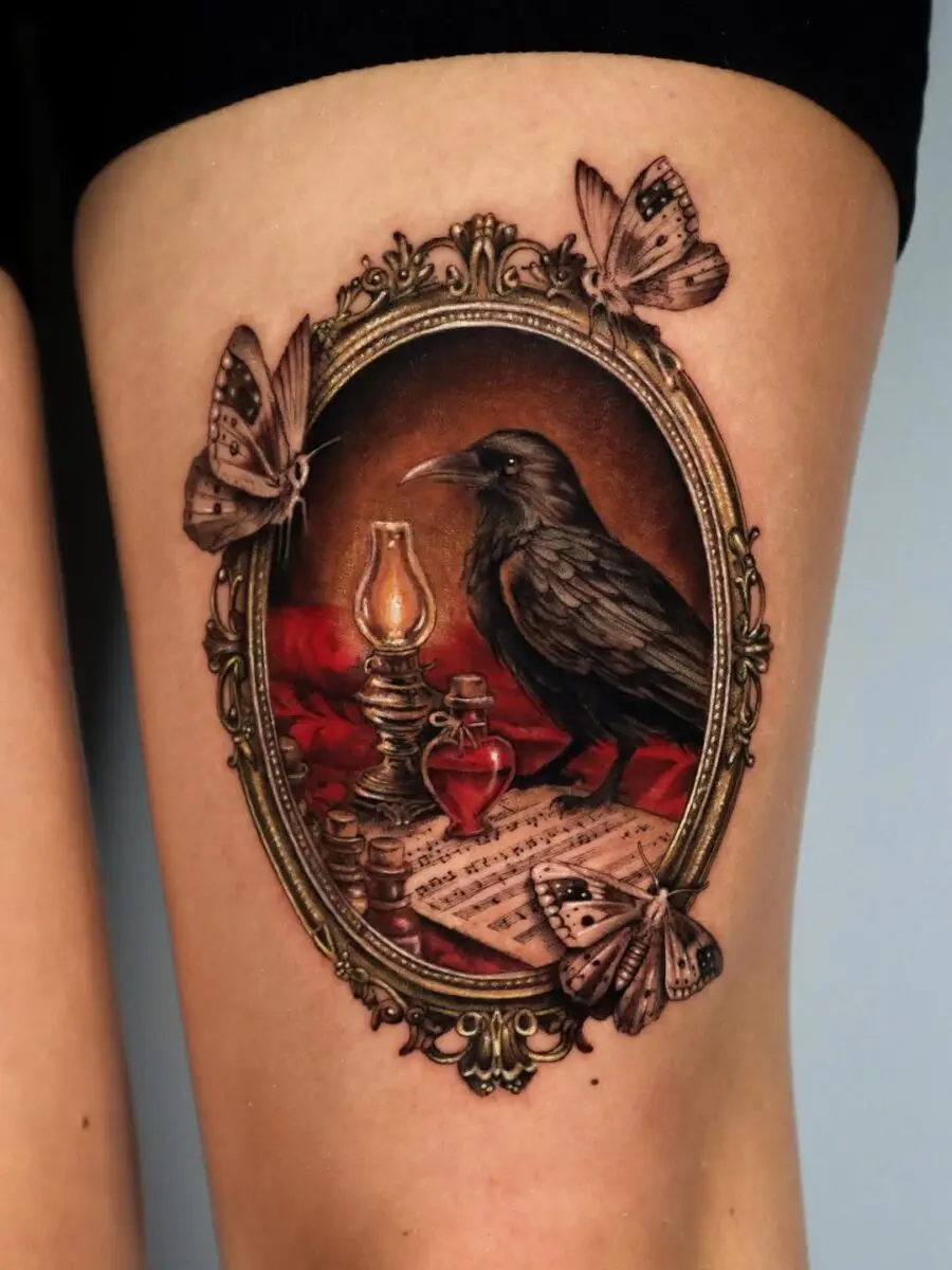 Intricate raven tattoo within a vintage frame