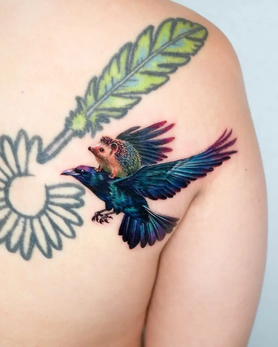 Unique Raven and Hedgehog Tattoo Design