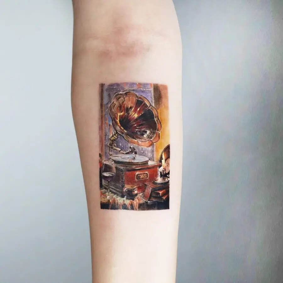 Intricate design of a vintage record player tattoo