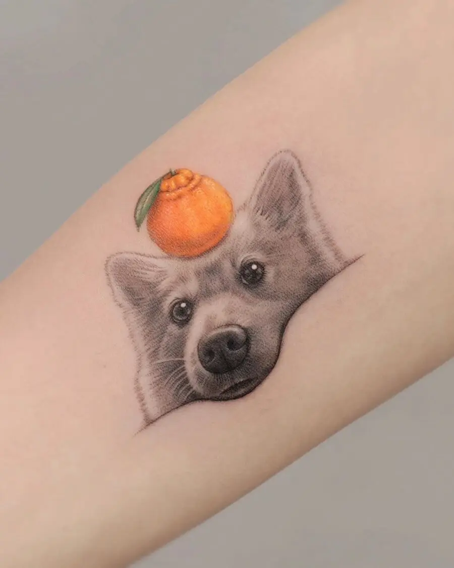 Whimsical wolf tattoo with an orange twist