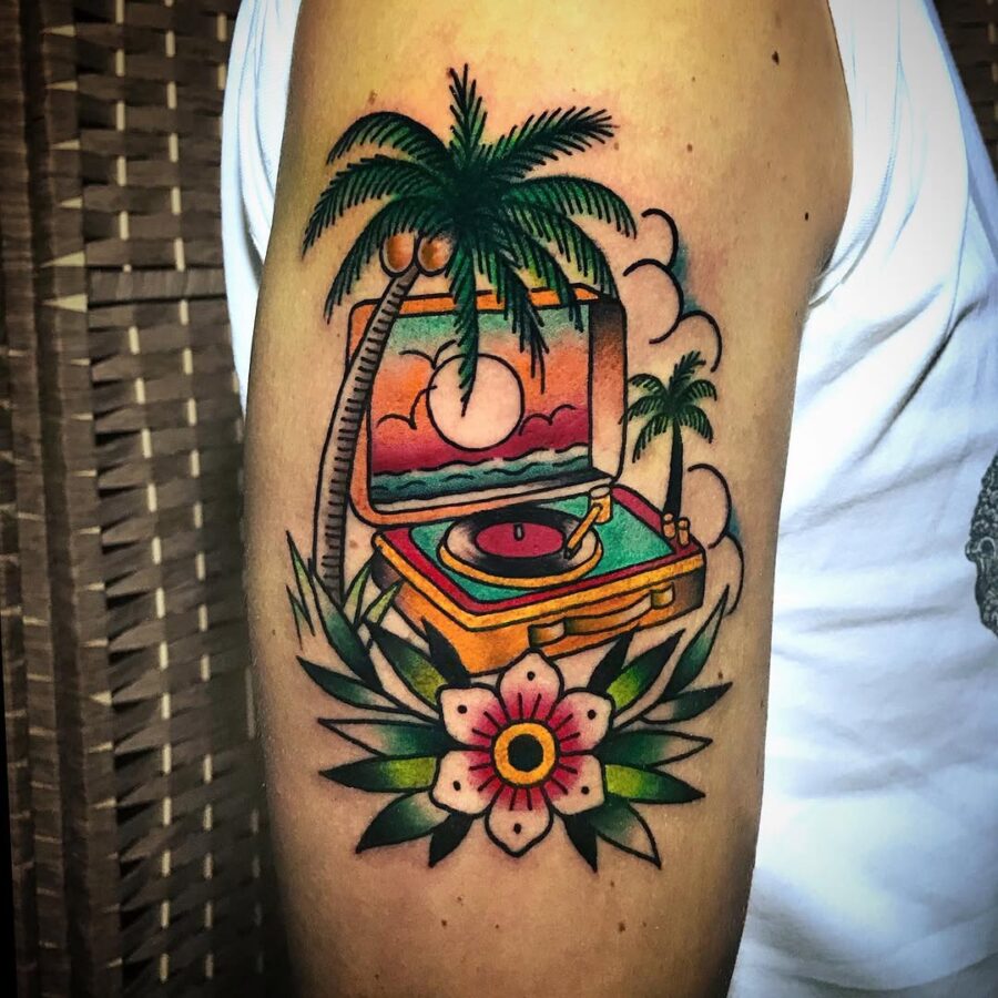 Retro record player with tropical vibes