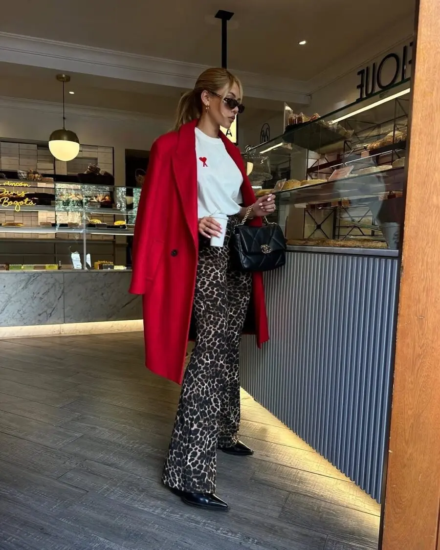 Chic Leopard Print Flares with Bold Red Coat