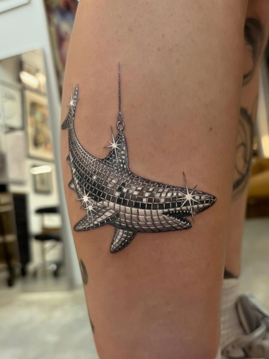 Glamorous shark silver ink tattoo design
